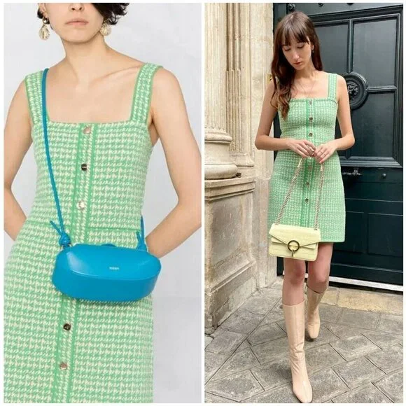 SANDRO Lea Organic Cotton Blend Square Neck Tweed Dress ~ Vert Green 34